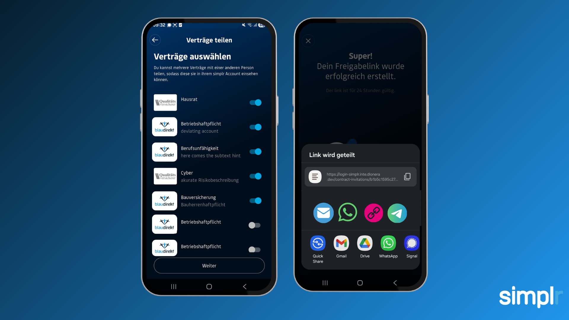 Zwei Ansichten der simplr-App: Mehrere Verträge über Auswahlschalter markieren und den erzeugten Freigabelink über die Teilen-Funktion versenden.